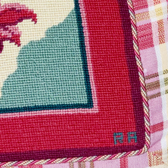 VINTAGE Needlepoint Pillow Floral Looped Fringe Trim Square Plaid Handmade - Picture 3 of 4